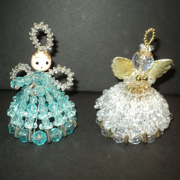 Set of 2 Beaded Angels Handmade Vintage Clear & Blue Christmas Ornaments - Picture 1 of 4